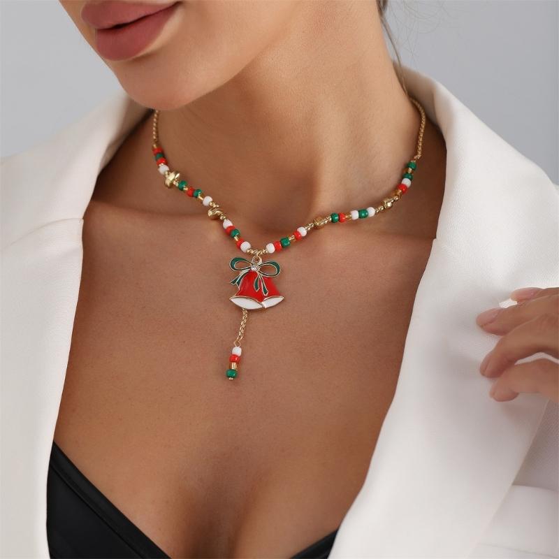 Festive Christmas Cartoon Bell Pendant Beaded Necklace Adjustable Collarbone Chain Jewelry Gift For Women