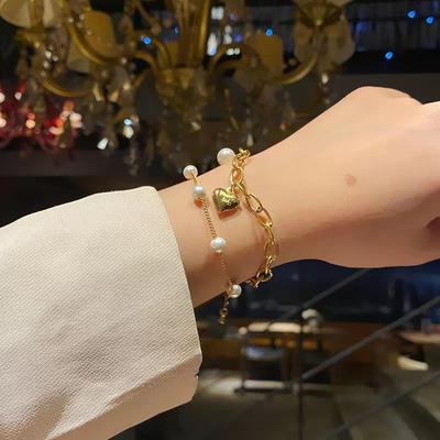 Fashion Chain Love Pearl Two Layer Bracelet For Women