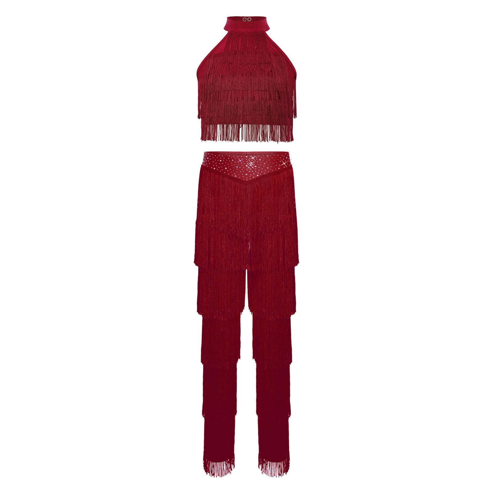 Mädchen Salsa Lateinamerikanischer Tanz Kostüm Ärmellos Träger Rücken mehrlagig Quasten Crop Top Elastischer Bund Fransen Hosen Set 5-6 Years bordeaux