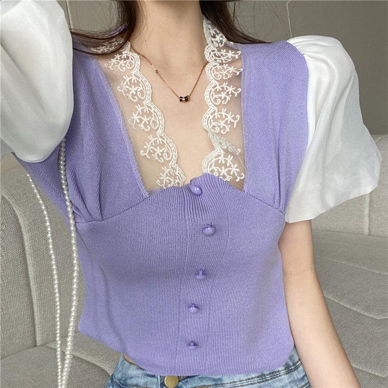 Sexy čipka Dámske tričká Čierna Biela Bubble Sleeve Girls Y2K Tričká Sexy Lady Ležérne tričká Módne topy