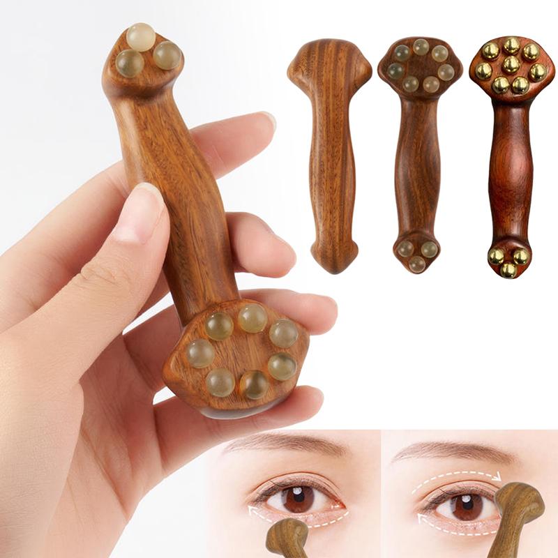 Double Ended Facial Fascia Lifting Tool With 11 Brass Gold Bead Sandalwood Cheek Eyes Beauty Massage Gua Sha Stick Point Relax