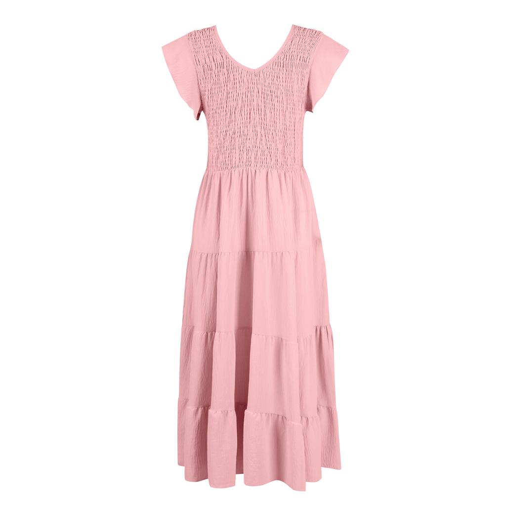 Rochii casual de damă, rochie midi fluidă cu mâneci scurte cu decolteu în V Rochie maxi de vară cu mâneci scurte cu decolteu în V pentru femei