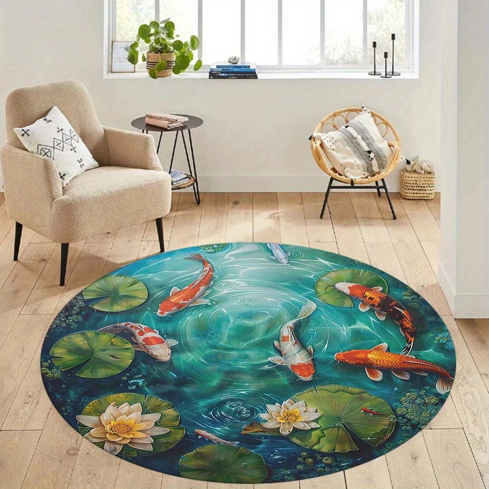 1pc Non-Slip Polyester Koi Fish Round Area Rug - Indoor Crystal Velvet Floor Mat 0.45cm Thickness for Living Room, Bedroom, Home