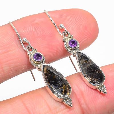 Natural Copper Turquoise,Amethyst 925 Solid Sterling Silver Earring 1.75" W7g13