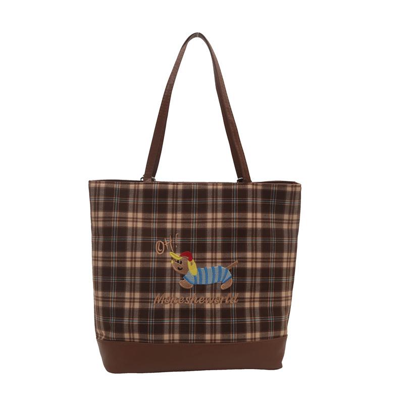 New Checked Tote Bag Cartoon Puppy Backpack Korean Version Large-capacity Underarm Bag Simple Commuting Bag for Girls