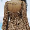 European and American women's hollow V-neck off shoulder lace up lantern sleeve dress
