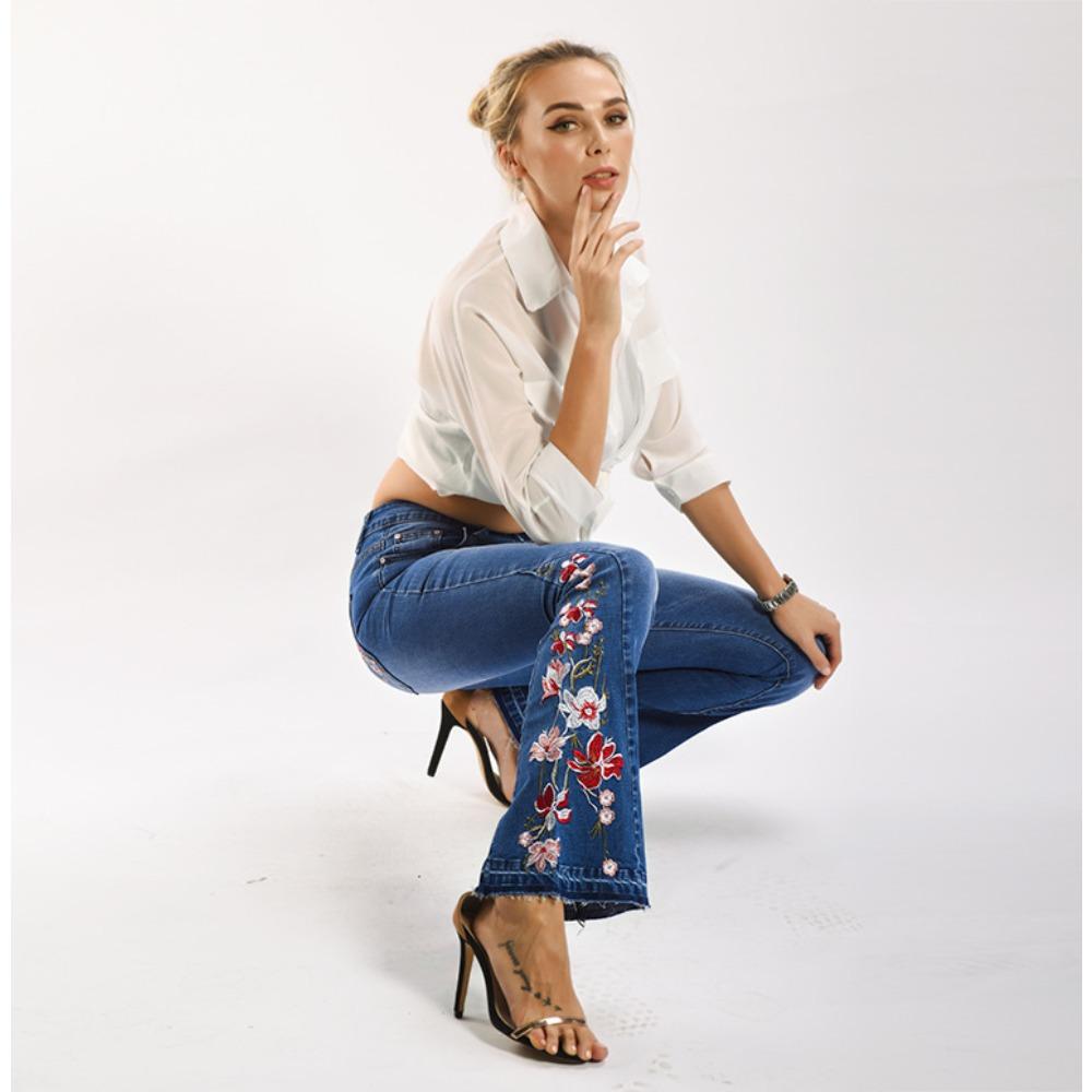 Women's Mid Rise Flare Jeans Loose Fit Streetwear Denim Trousers with Heavy Floral Embroidery Dark Wash Cotton Fabric