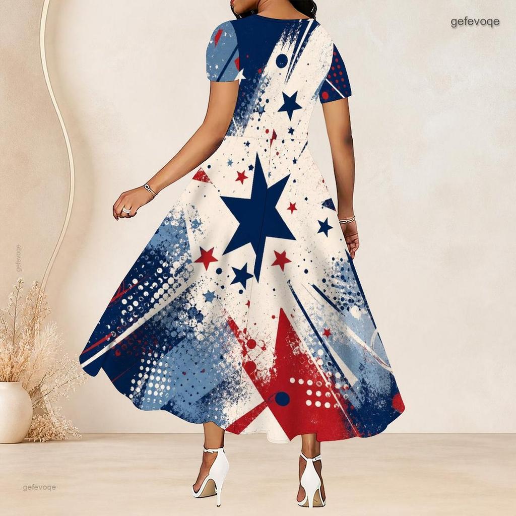 Women Plus Size Round Neck Short Sleeve Printed Color Block A Line Long Dress