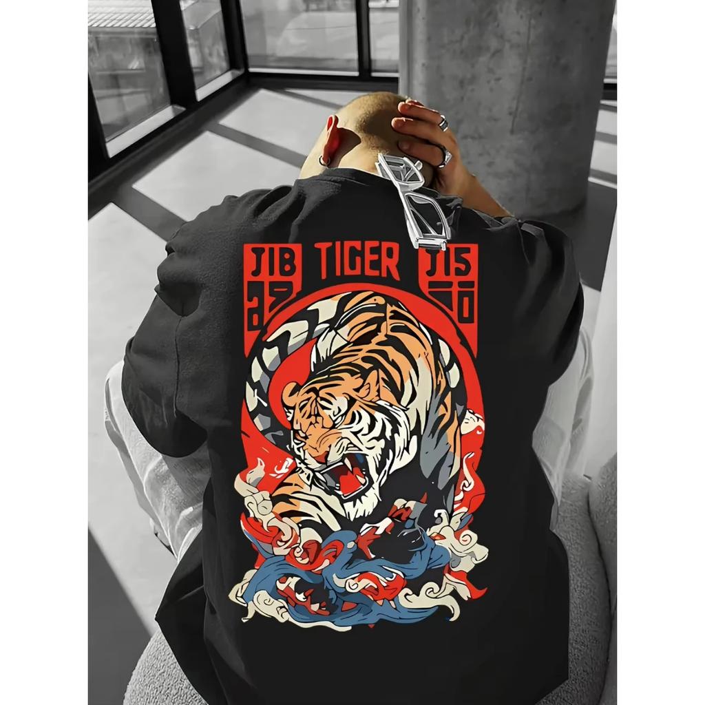 Men's Summer Fashion Short Sleeve T-Shirt TIGER Print Casual Outdoor Sports Fitness Round Neck Short Sleeve Shirt for Summer