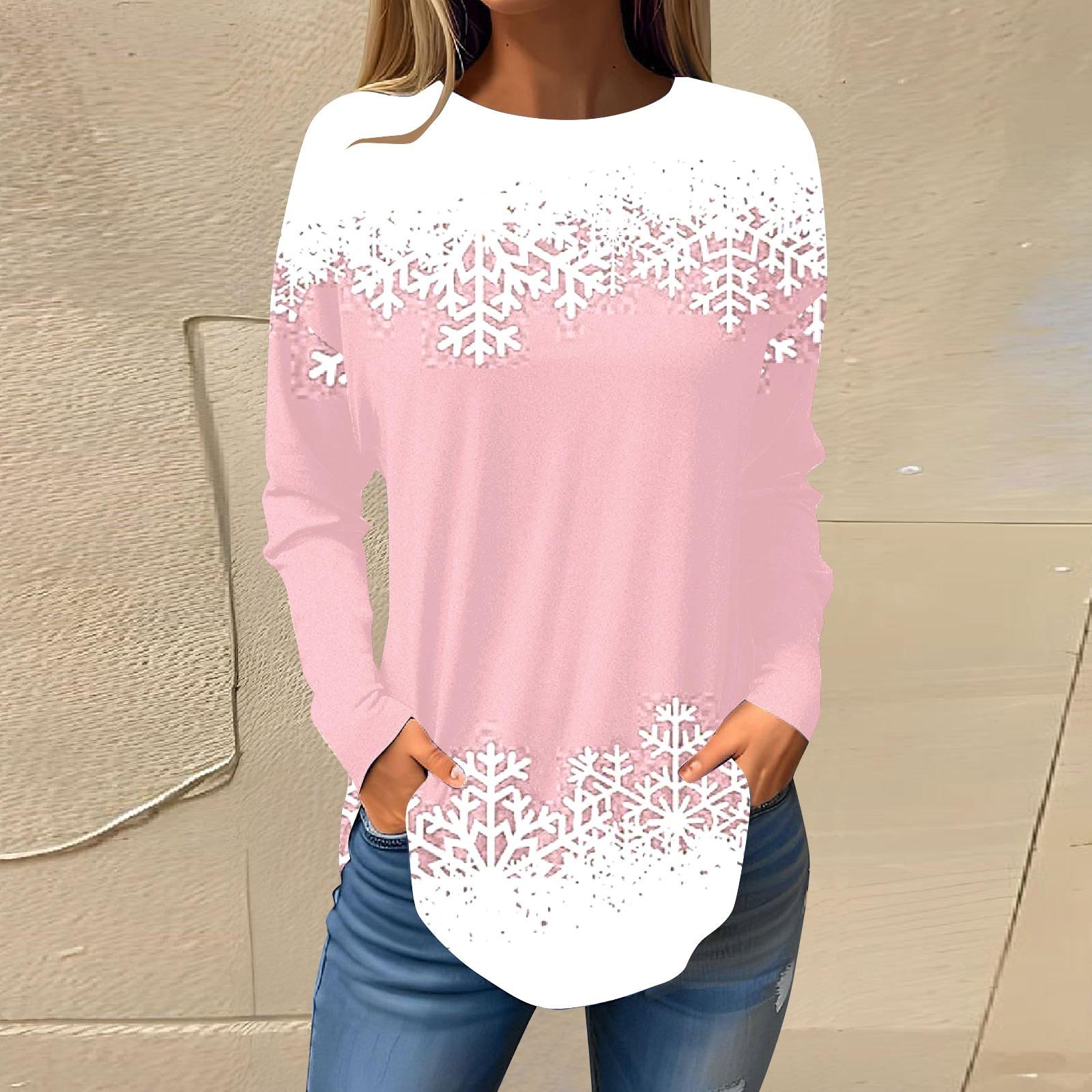 

Футболки для женщин, осенние повседневные рубашки с длинным рукавом, толстовка с рождественским принтом, топ, пуловер M розовый