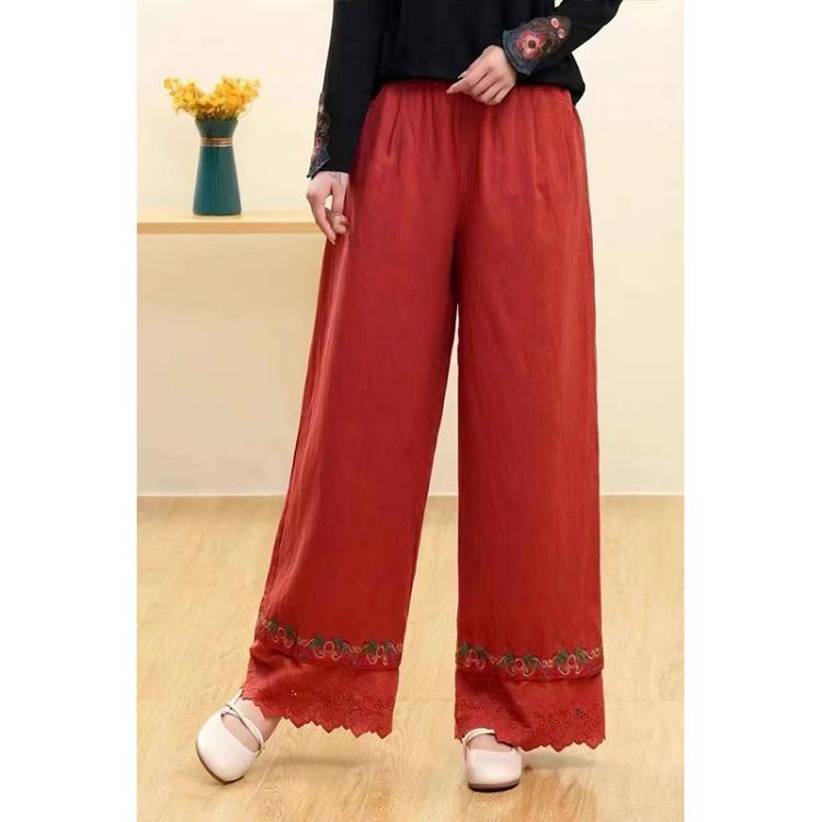 Damen Retro Bestickte Lässige Weitbein Hose Sommer Baumwoll- und Leinenhose Locker Gerade Bein Hose