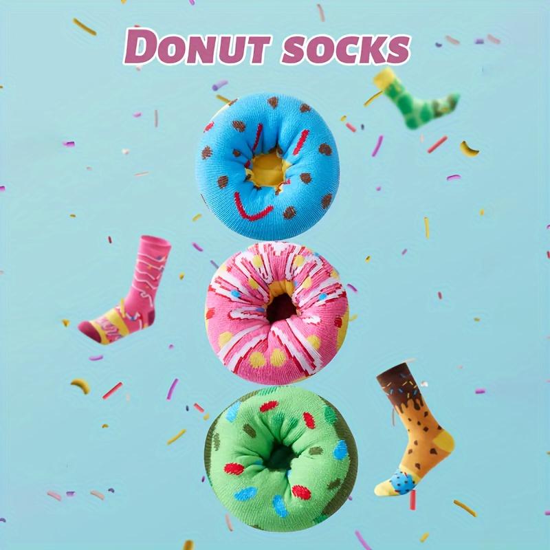 3 Pairs Donut Pattern Socks, Cute Food Design Mid-Calf Socks for Men & Women, All Seasons One-size