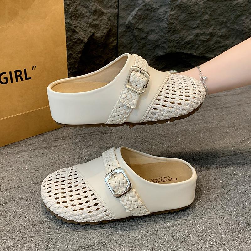 

Hollow bag head half slippers women s inner height increase 2025 summer new outer wear woven breathable muller shoes mesh cool slippers 40 бежевый