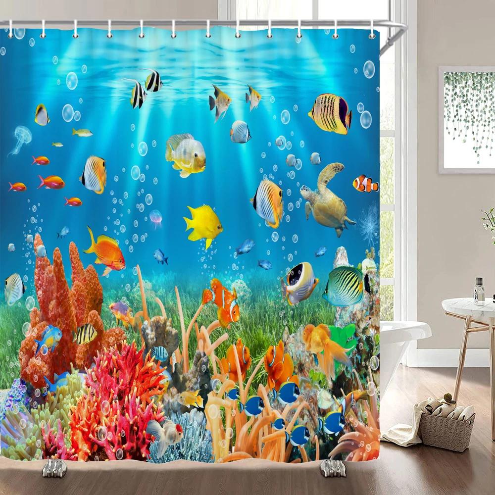 Podwodny Świat Ryba Żółw 3d Zasłony Prysznicowe Ocean Delfin Sceneria Morska Tkanina Wodoodporna Zasłona Kąpielowa Dekoracja Łazienki Parawan