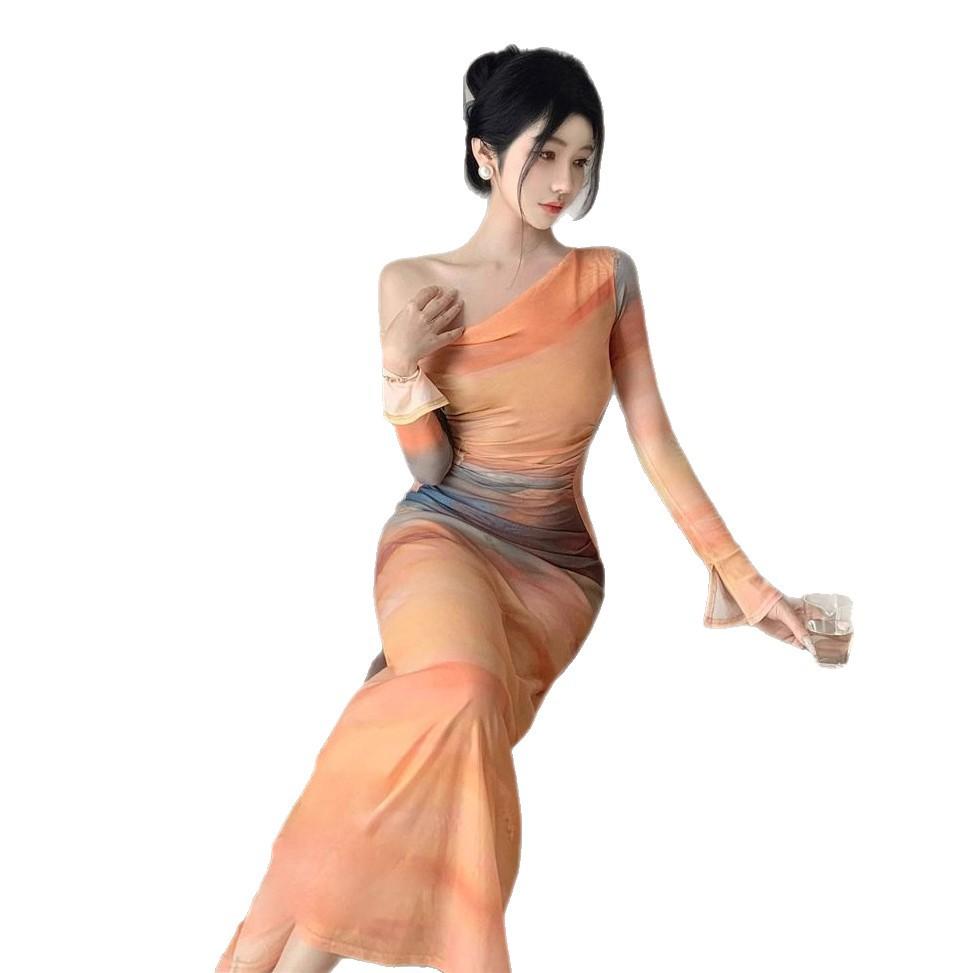 Design Sense Sunset Tie-dye Printed Swinging Neck Mesh Dress Feminine Temperament Slim Waist Skinny Holiday Long Skirt
