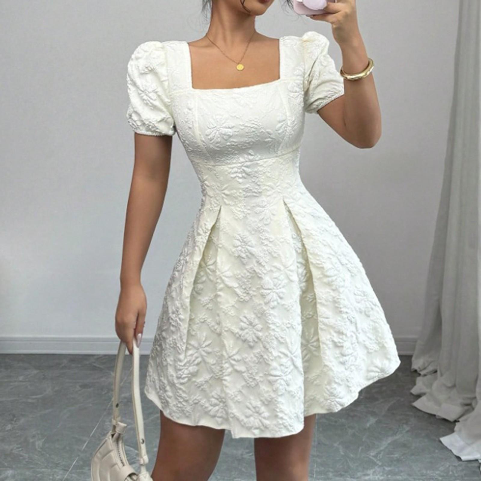 

Women s Fashionable Solid Color Square Neck Short Sleeved Dress L белый