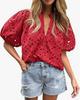 Women's V-Neck Lace Embroidery Lantern Sleeve Summer Top
