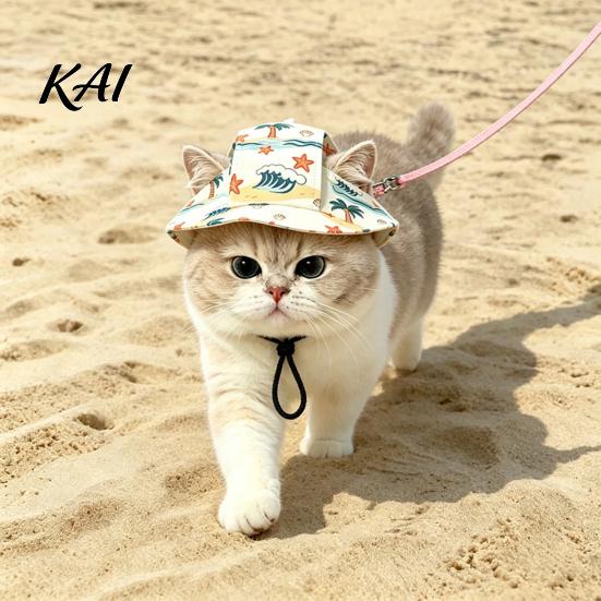 Summer Cat Gear Beach Hat, Cap with Ear Holes, Adjustable Pet Sun Hat for Small Dogs Cats Outdoor Protection Pets