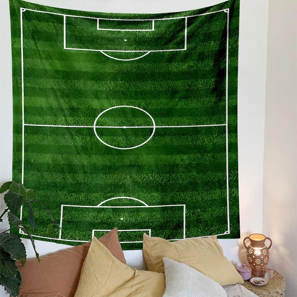 Soccer Field Design on Green Grass Patterned Tapestry Decorative Wall Hanging, Home Bedroom Living Room Decor