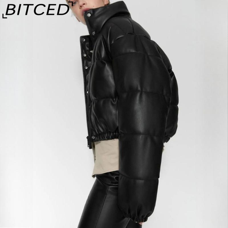 BITCED Fashion Casual Solid-Colour Minimalist Faux Leather Cotton Jacket for Women Winter Stand Collar Jacket