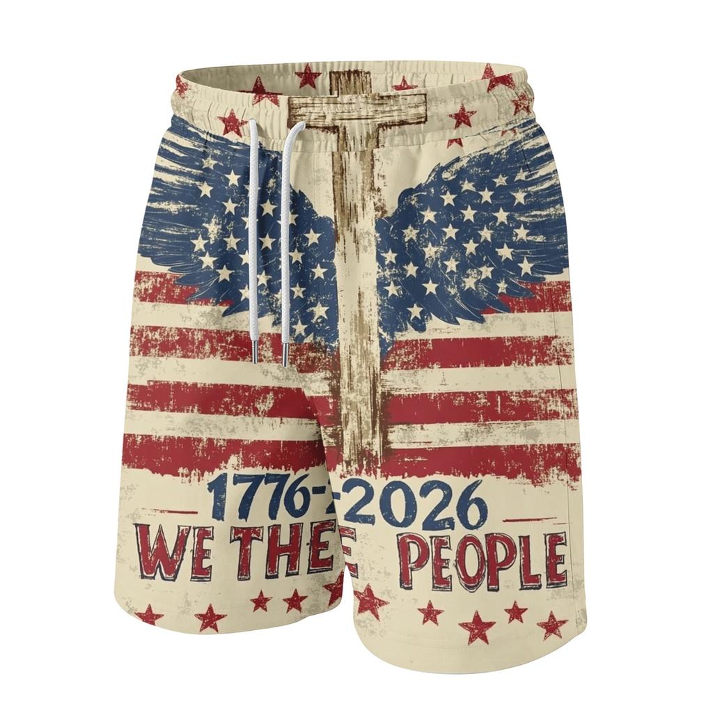 Men's Independence Day Print Drawstring Shorts - Elastic Waist Casual Summer Beach Shorts