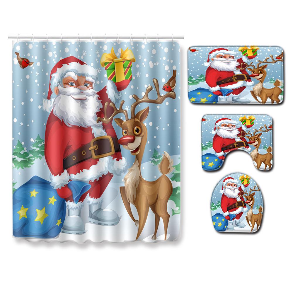 Christmas Waterproof Shower Curtain Four-Piece Floor Mat Combination Set Household Door Mat Bedroom Living Room Carpet