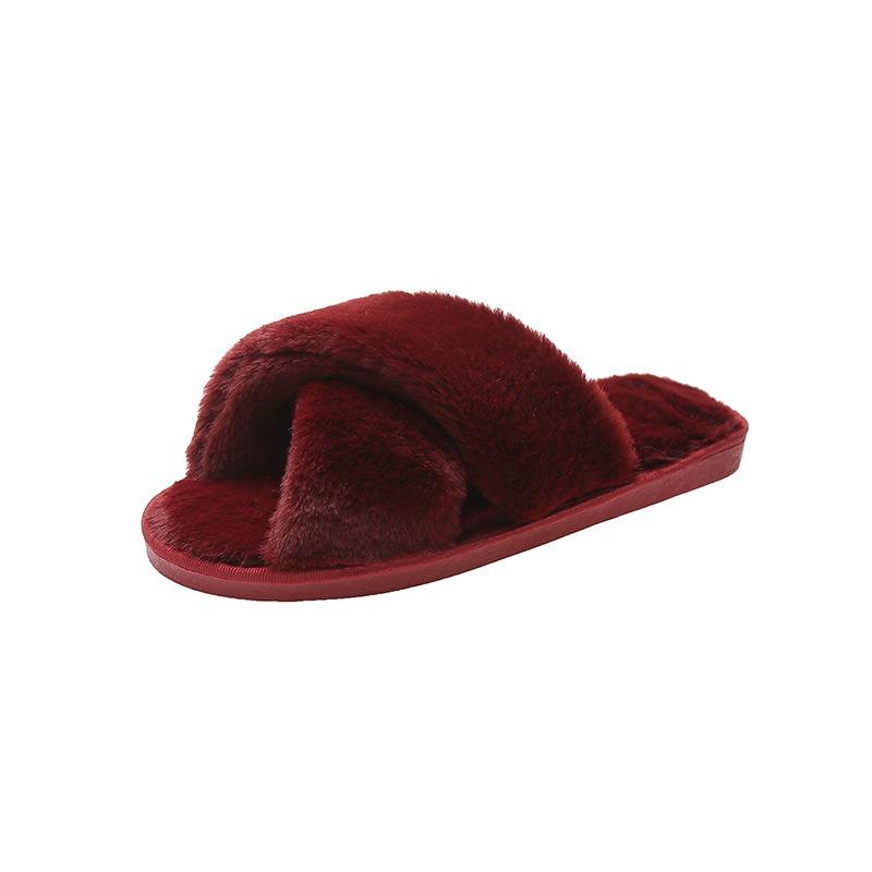 Large Size Fluffy Slippers Women's Autumn and Winter New Flat Bottom Home Indoor Cross Plush Cotton Mop