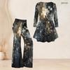 Women Plus Size V Neck Three Quarter Sleeve Printed Flared Top And Flared Pants Two Piece Set