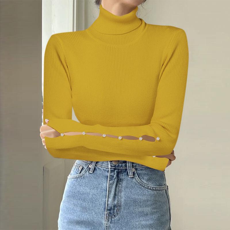 VONDA Women Winter Autumn High Neck Pearl Decorated Long Sleeve Striped Sweaters Undershirts