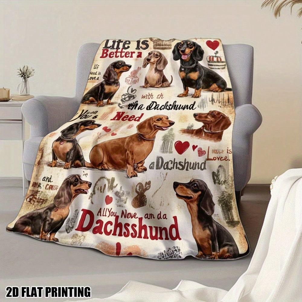 Vintage Retro Dachshund Dog Art Print Throw Blanket Soft Flannel Warm Blanket Dog Quote Heart Pattern Sofa Bed Pet Gift