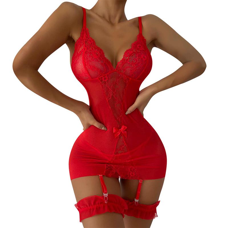 Erotic Lingerie For Women Sexy Costume Garter + Thong Set Lace Mesh Nightie Deep V Suspenders Baby Doll Dress Porn Underwear Set