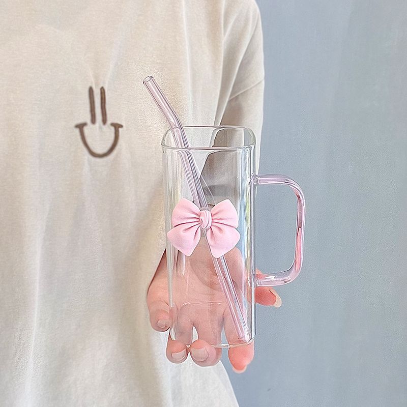 350ML Square Mug with Lids and Straws with Bow Water Cup Transparent Cup Milk Coffee Cups Glass Mug High Temperature Drinkware
