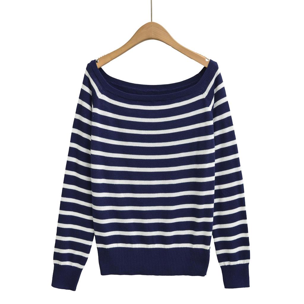 Dark Blue Striped One-Shoulder Boat Neck Knit Sweater