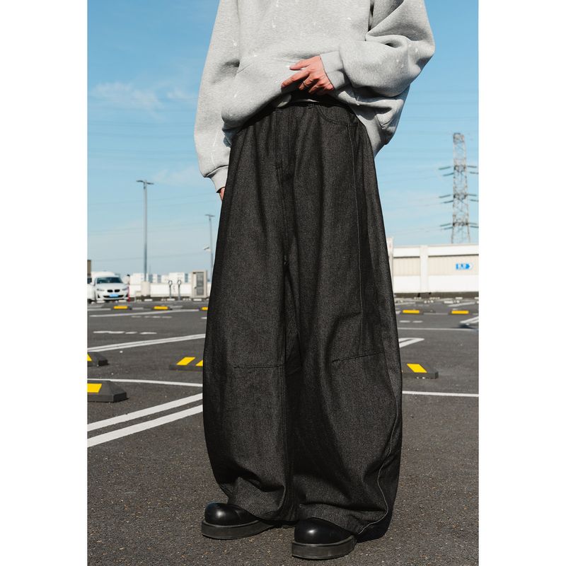 Wassup Trendy Retro Distressed Pure Black Scimitar Jeans for Men and Women, American Hip-Hop Style, Drapey Wide-Leg Long Pants