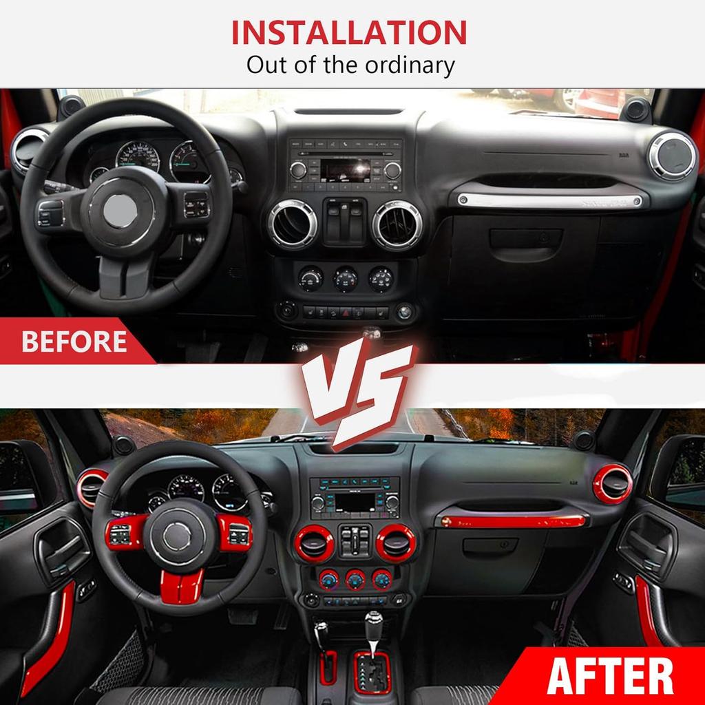 26PCS Full Set Interior Trim Kit Compatible With Jeep Wrangler JK JKU 2011-2018 2&4-Door Inner Center Console Trim, Door Handle, Cup Holder Cover