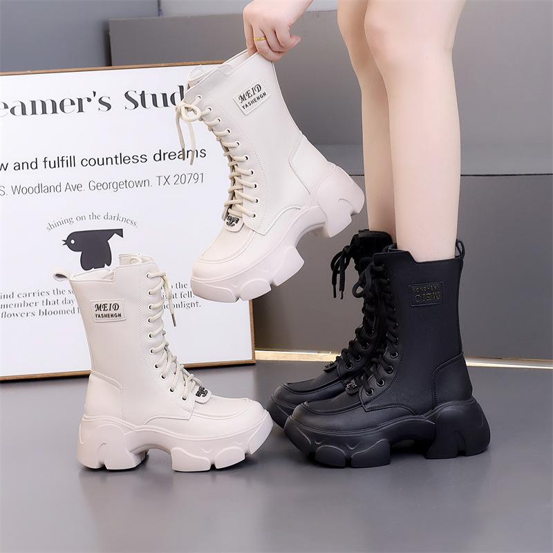 Leather thick-soled Martin boots women's autumn and winter fashion medium boots soft-soled lightweight velvet cotton boots