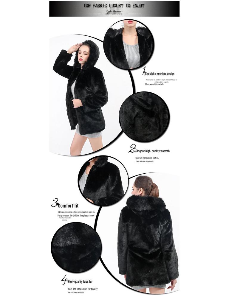 Women's Mid-Length Faux Mink Coat with Hood and Fox Fur Collar - Korean Style