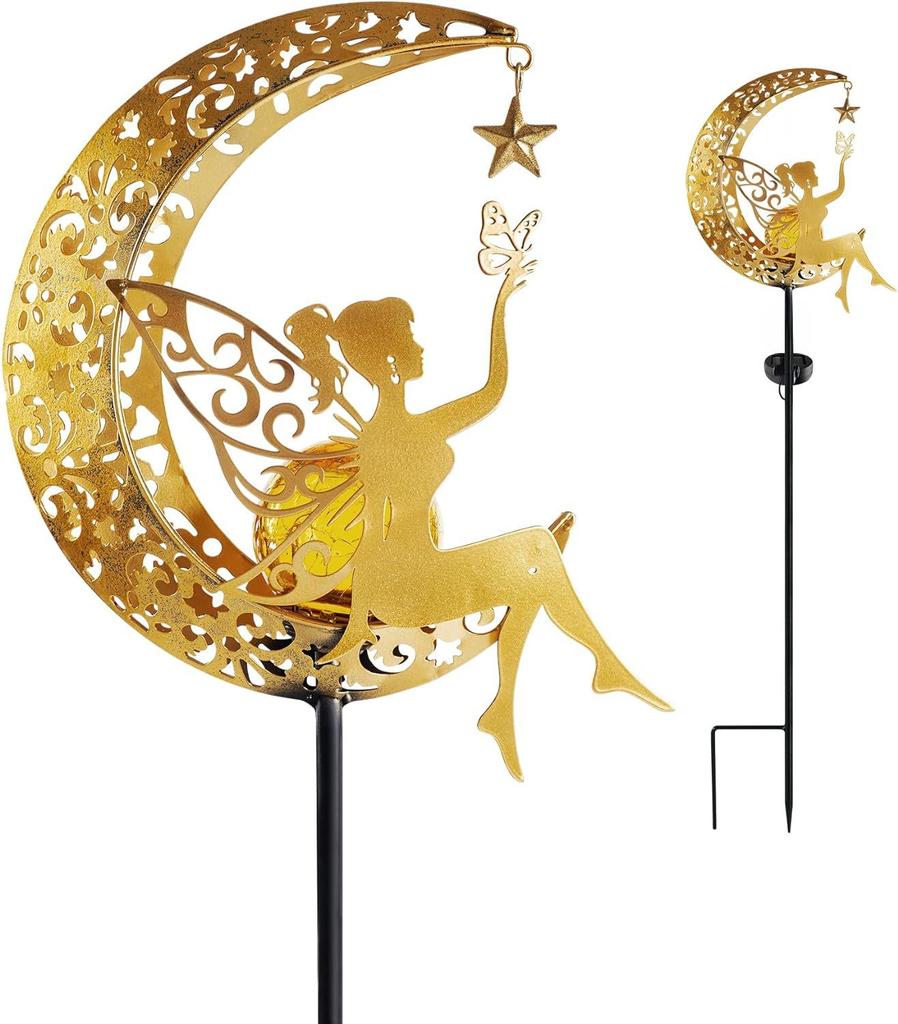 Solar Powered Garden Statues Outdoor Decor Fairy Moon Figurine LED Light Stake Ornament for Patio Lawn Yard Pathway Sweet Gift
