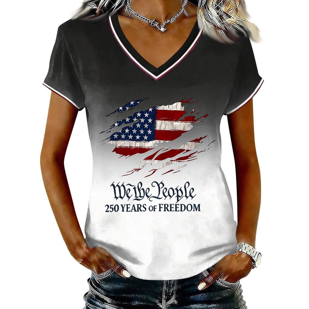 Women Casual V Neck Short Sleeve Pullover T Shirt Gradient American Flag Print Top Independence Day Patriotic Style Summer Tee