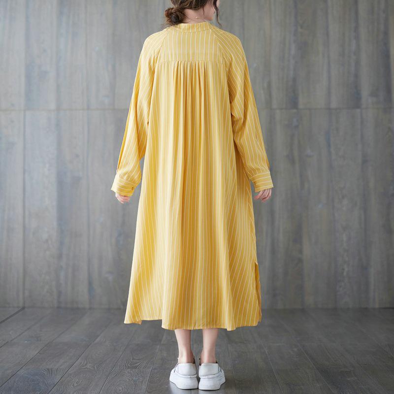 Frühling/Sommer 2023 Damen Übergröße Gestreiftes Lässiges Langes Kleid - Literarischer Stil, Lockere Passform, Schlankmachender Effekt