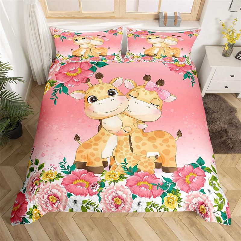 Cartoon-Tier-Bettbezug-Set Zoo Sikahirsch Mikrofaser Rosa Blumig Bettwäsche Einzelbett Twin Für Mädchen Jungen