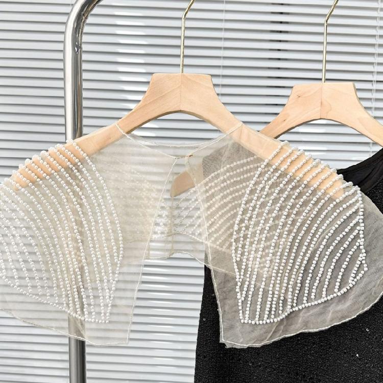 Perspective Sheer Mesh Mini Capelet Women Pearls Beading Fake Collar Shawl Scarf
