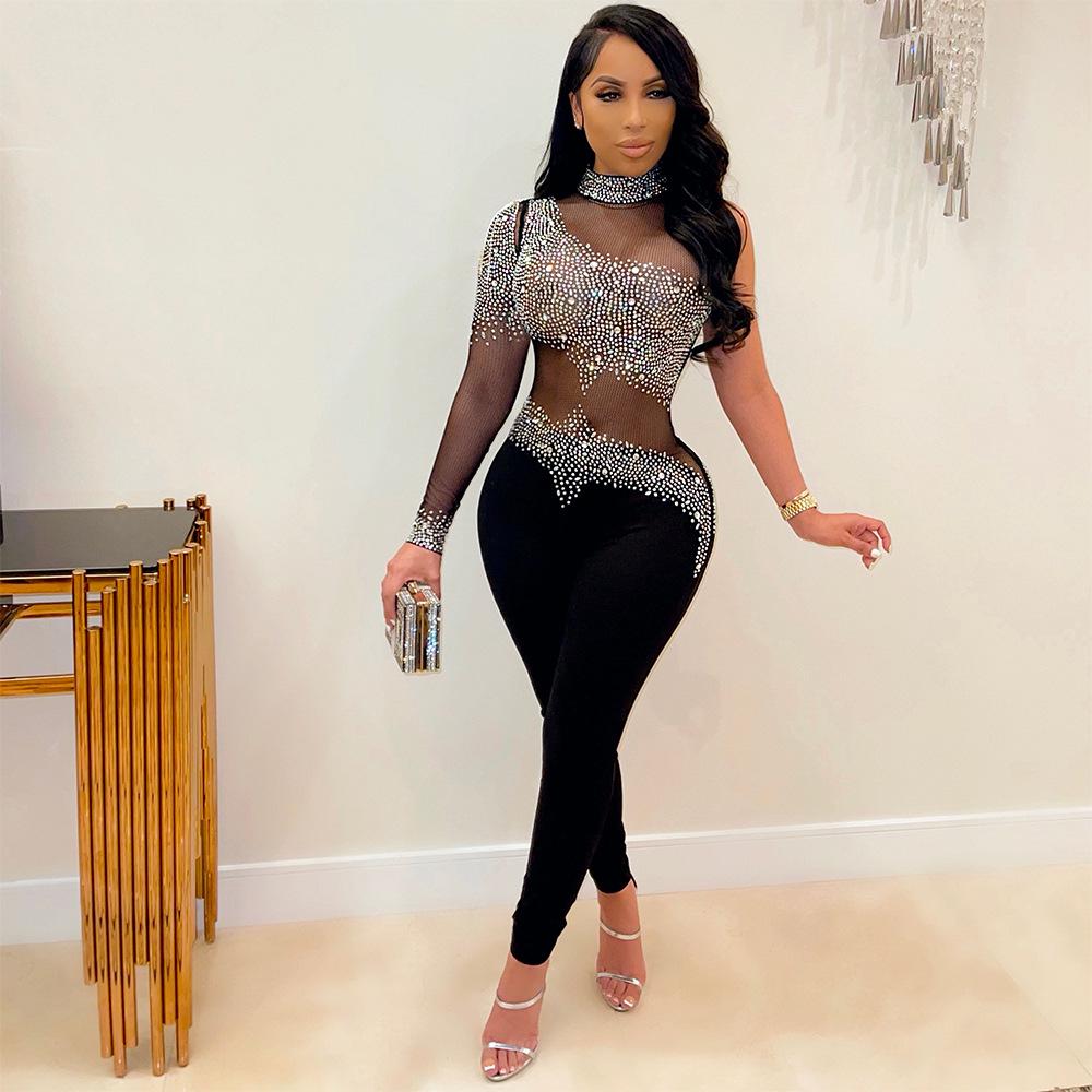 

«Женский модный сексуальный сетчатый прозрачный комбинезон с длинными рукавами и бриллиантами» L