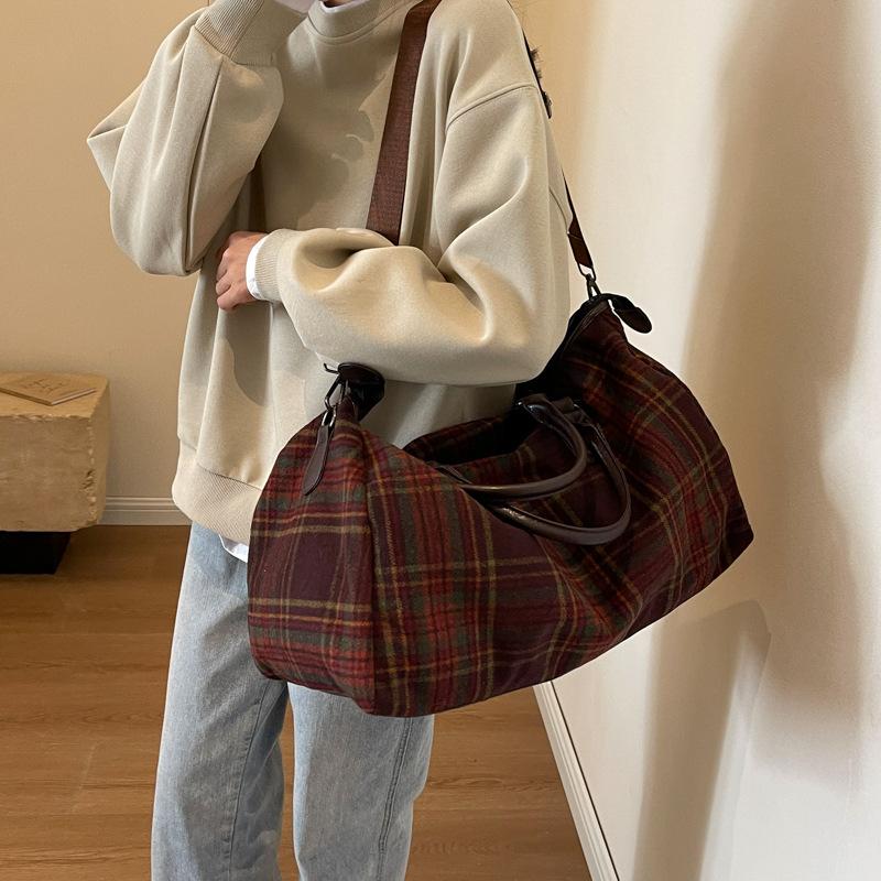 Portable Travel Bag Large Capacity Retro Plaid Crossbody Fitness Bag Short-distance Travel Luggage Bag