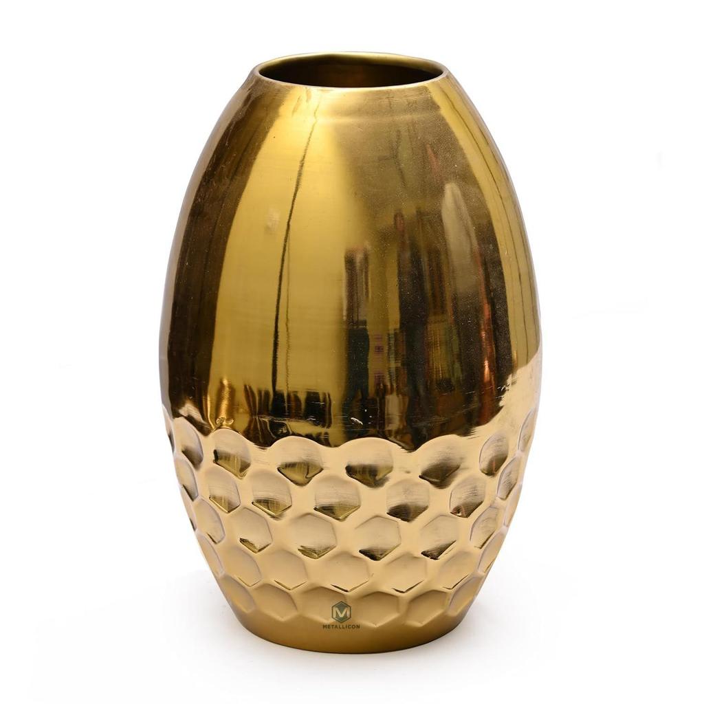 Gold Iron Vase – 11 Inches, Handcrafted Decorative Vase with Hammered Honeycomb Texture, Modern Flower Vase