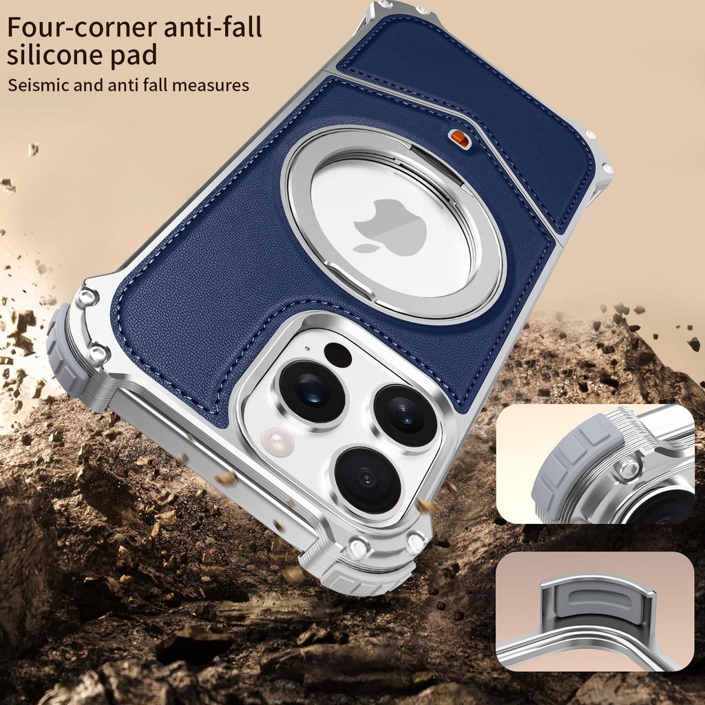 For iPhone 14 Pro Max Case PU Covered Metal Boardless Phone Back Cover with Kickstand