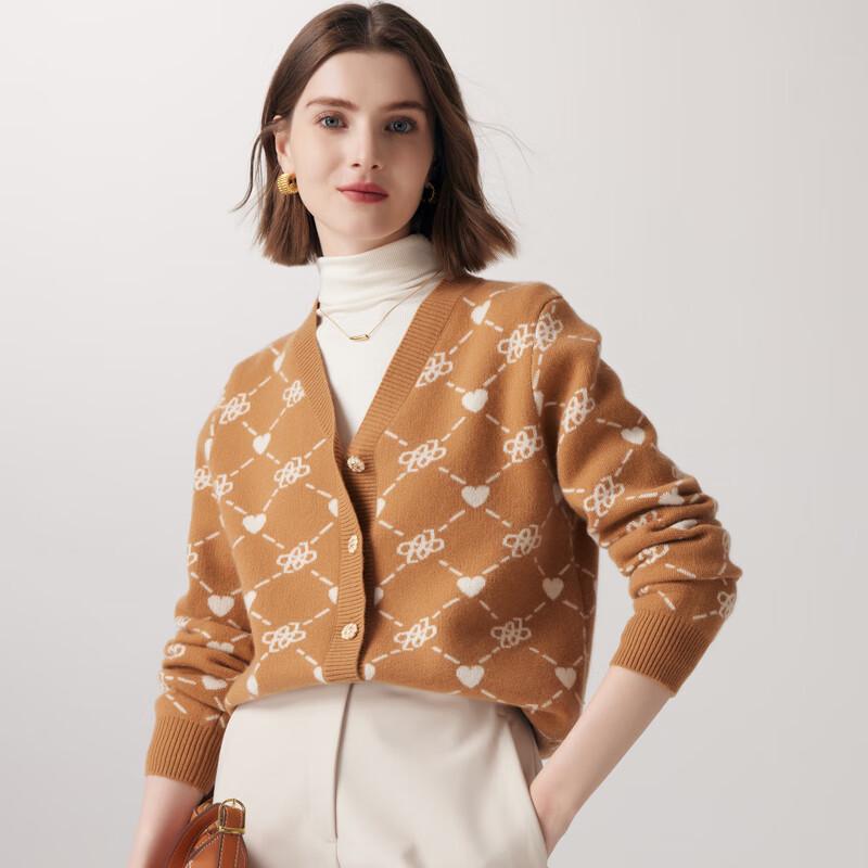 

PALUOPO Women s 100% Cashmere Plaid Jacquard V-Neck Cardigan L 165/105