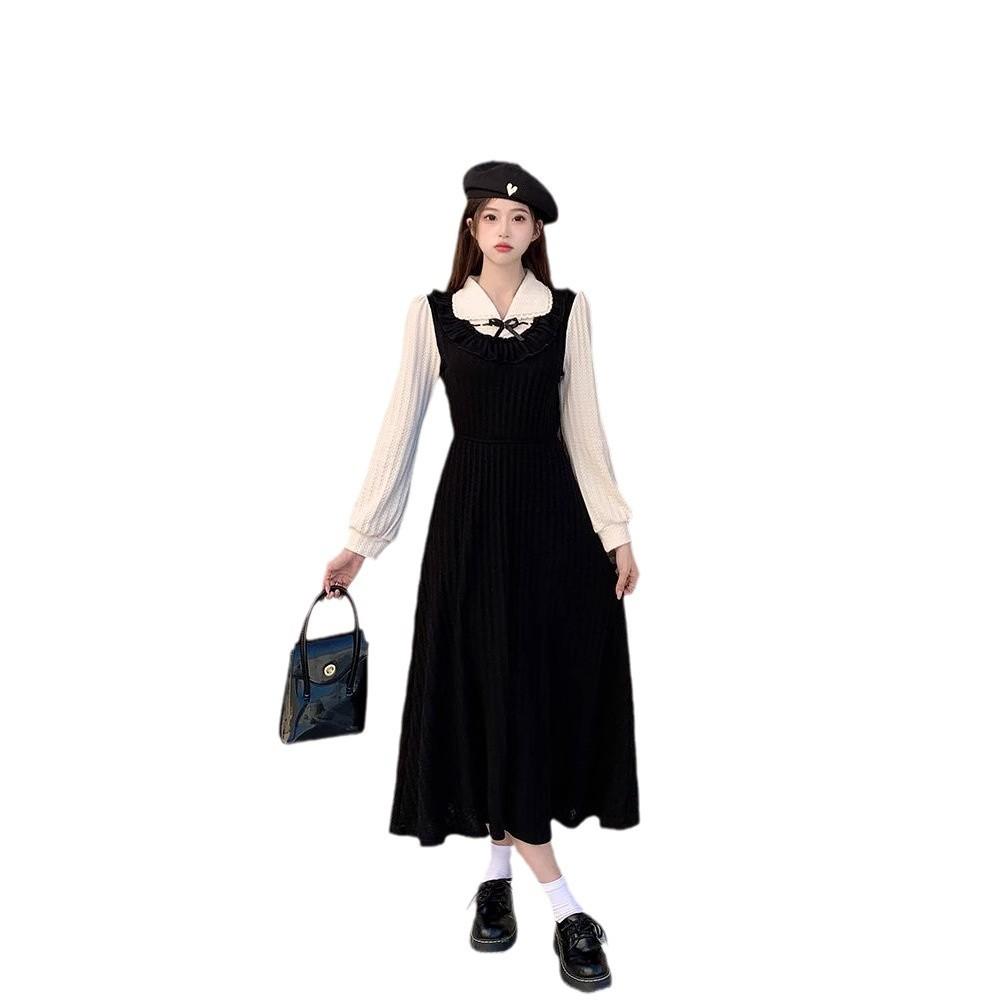 Autumn and winter wear new fake two-piece doll collar with black dress inside children's French small fragrant long dress