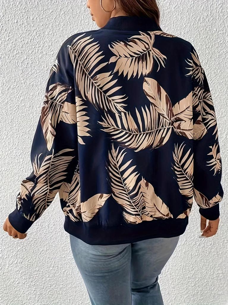 Elegant Floral Zippered Long Sleeve Baseball Collar Jacket - Plus Size for Autumn & Winter