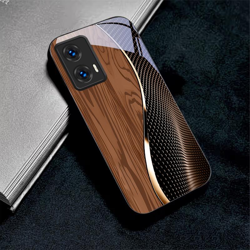 Fiber Gold Trim Black Glass Phone Case For Motorola Moto G14 G22 G24Power G24 G34 G35 G45 G54 G55 G75 G84 G85 Hard Black Cover